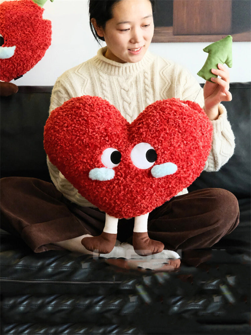 Cute Cartoon Red Heart Plush Pillow with Removable Green Arrow, Fluffy Curly Heart Stuffed Toy, Kawaii Sofa Bed Decor Cushion, Romantic Valentine’s Day Gift for Her