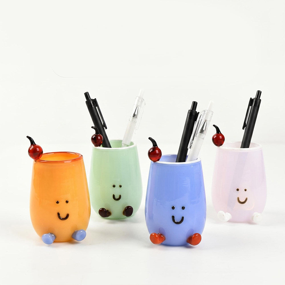 Mini Cartoon Smiley Face Glass Pen Holder, Kawaii Desktop Stationery Organizer, Aesthetic Student Bedroom Office Desk Decor