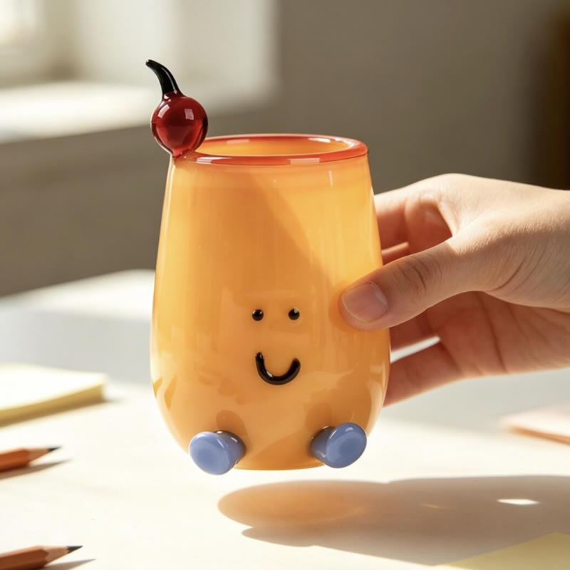 Mini Cartoon Smiley Face Glass Pen Holder, Kawaii Desktop Stationery Organizer, Aesthetic Student Bedroom Office Desk Decor