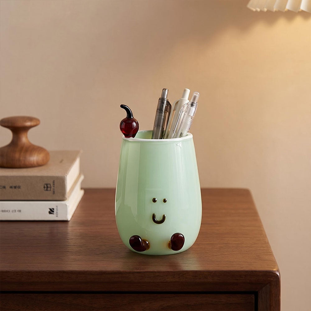 Mini Cartoon Smiley Face Glass Pen Holder, Kawaii Desktop Stationery Organizer, Aesthetic Student Bedroom Office Desk Decor