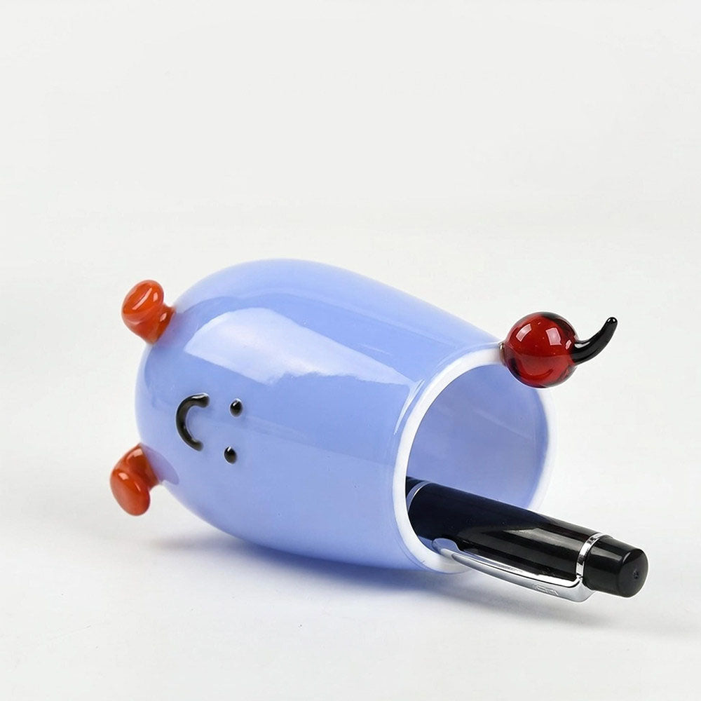 Mini Cartoon Smiley Face Glass Pen Holder, Kawaii Desktop Stationery Organizer, Aesthetic Student Bedroom Office Desk Decor