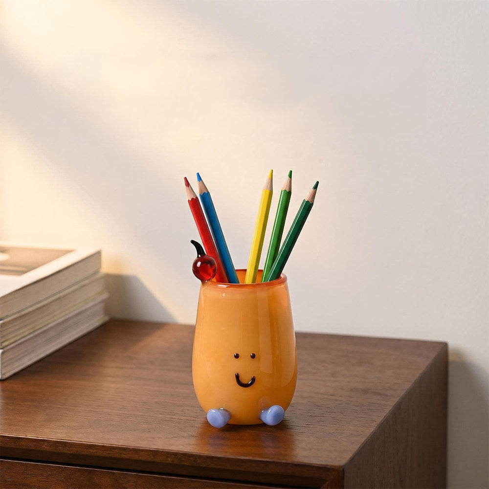 Mini Cartoon Smiley Face Glass Pen Holder, Kawaii Desktop Stationery Organizer, Aesthetic Student Bedroom Office Desk Decor