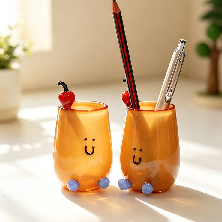 Mini Cartoon Smiley Face Glass Pen Holder, Kawaii Desktop Stationery Organizer, Aesthetic Student Bedroom Office Desk Decor