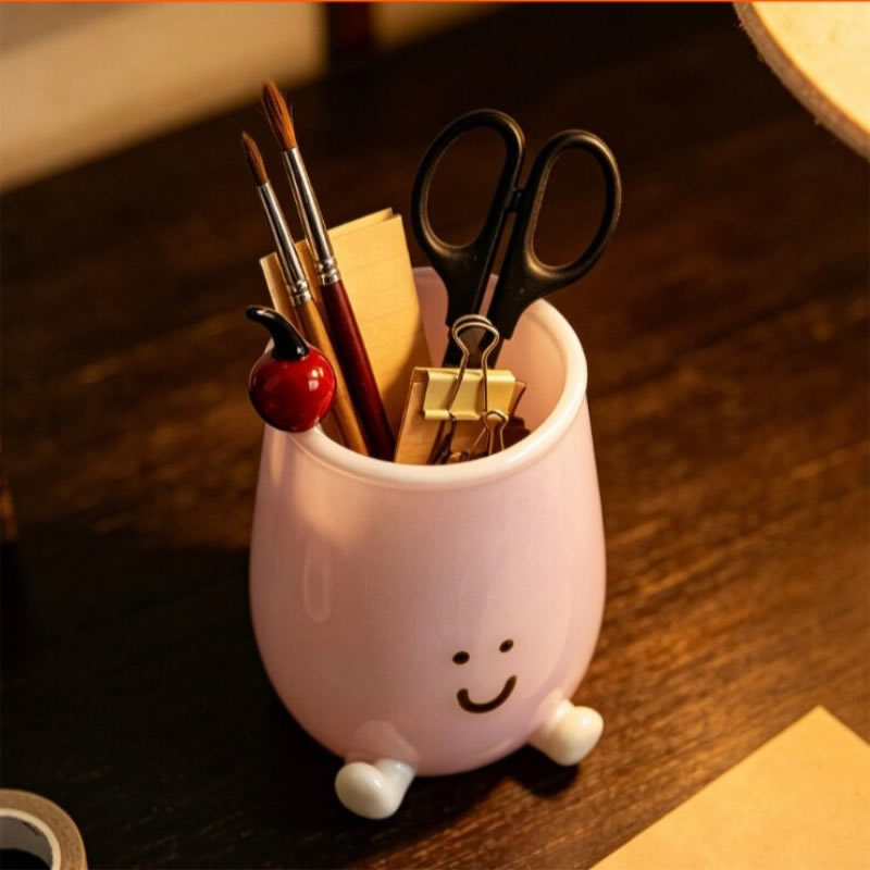 Mini Cartoon Smiley Face Glass Pen Holder, Kawaii Desktop Stationery Organizer, Aesthetic Student Bedroom Office Desk Decor