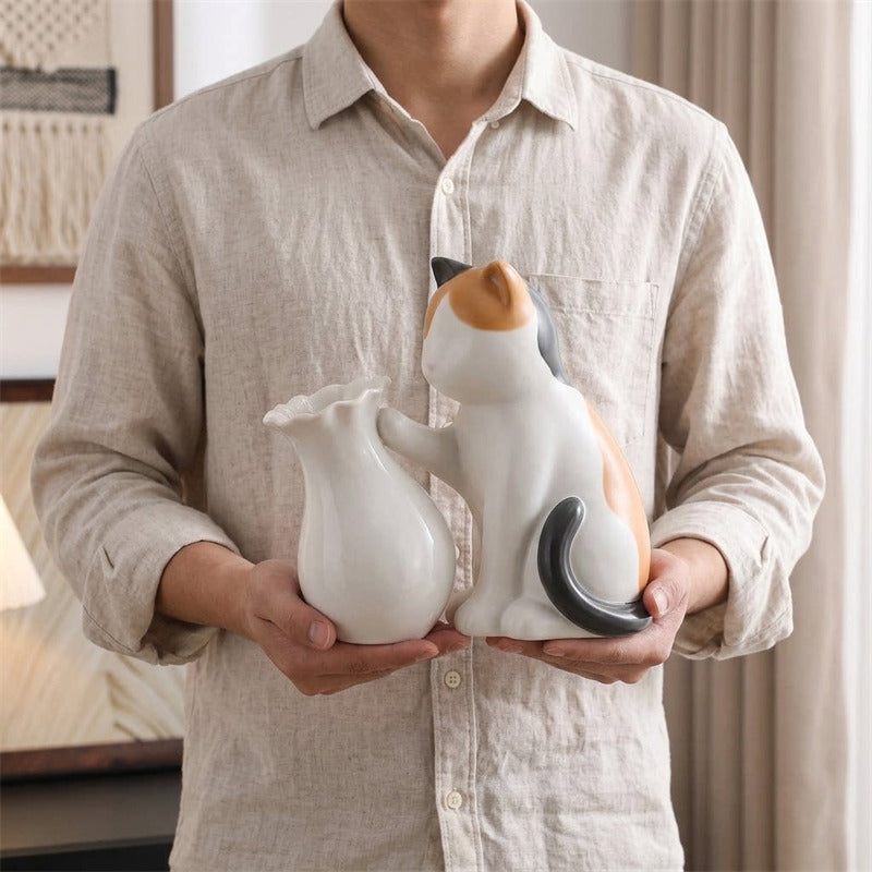 Cute Cat Ceramic Vase,Playful Kitty Figurine with Flower Vase, Modern Tabletop Floral Decor, Unique Gift for Cat Lovers
