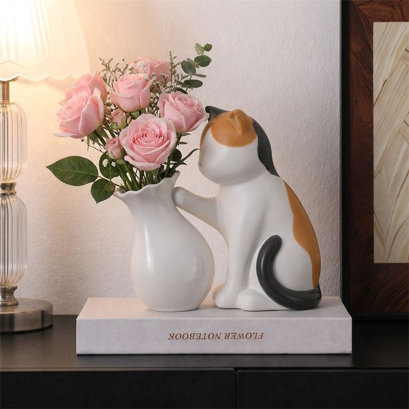Cute Cat Ceramic Vase,Playful Kitty Figurine with Flower Vase, Modern Tabletop Floral Decor, Unique Gift for Cat Lovers