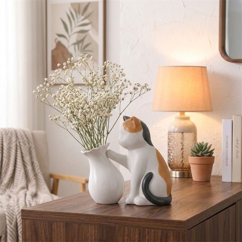 Cute Cat Ceramic Vase,Playful Kitty Figurine with Flower Vase, Modern Tabletop Floral Decor, Unique Gift for Cat Lovers