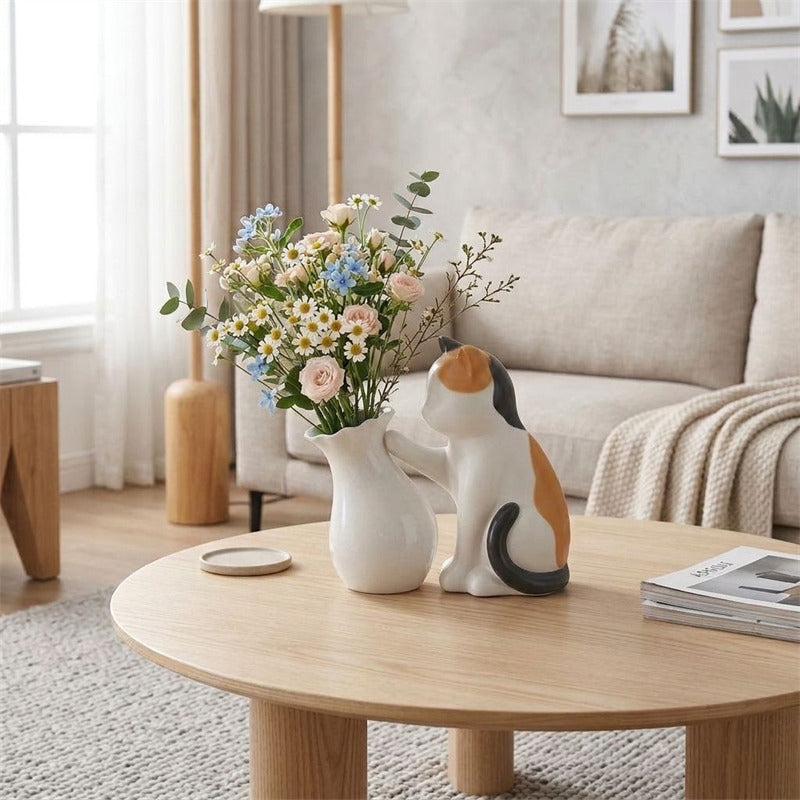 Cute Cat Ceramic Vase,Playful Kitty Figurine with Flower Vase, Modern Tabletop Floral Decor, Unique Gift for Cat Lovers