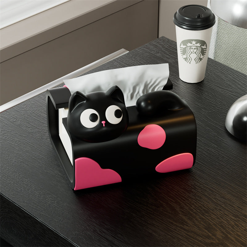 Cute Cat Desktop Tissue Box , Kawaii Big-Eyed Kitten Resin Napkin Dispenser, Cartoon Cat Facial Tissue Holder