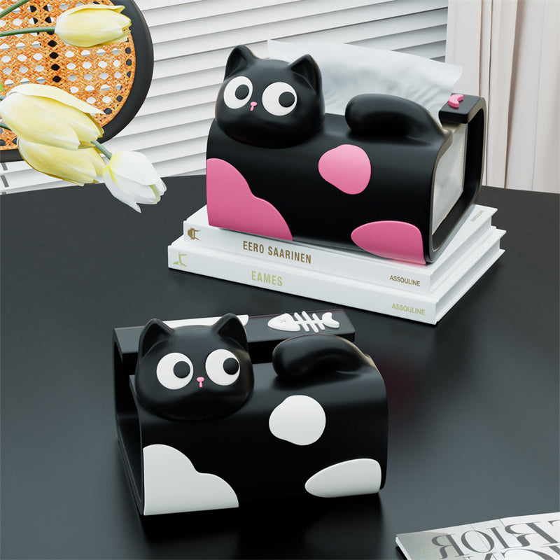 Cute Cat Desktop Tissue Box , Kawaii Big-Eyed Kitten Resin Napkin Dispenser, Cartoon Cat Facial Tissue Holder