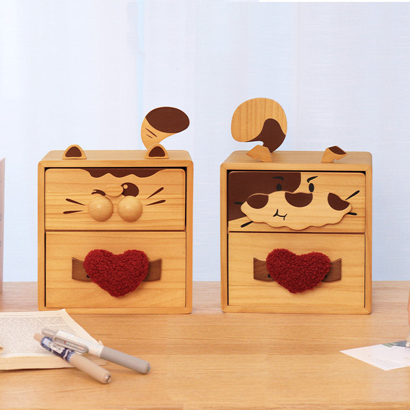 Cute Cat & Dog Wooden Two-Drawer Storage Box - Cartoon Desktop Organizer with Heart Handle
