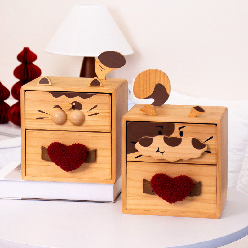 Cute Cat & Dog Wooden Two-Drawer Storage Box - Cartoon Desktop Organizer with Heart Handle