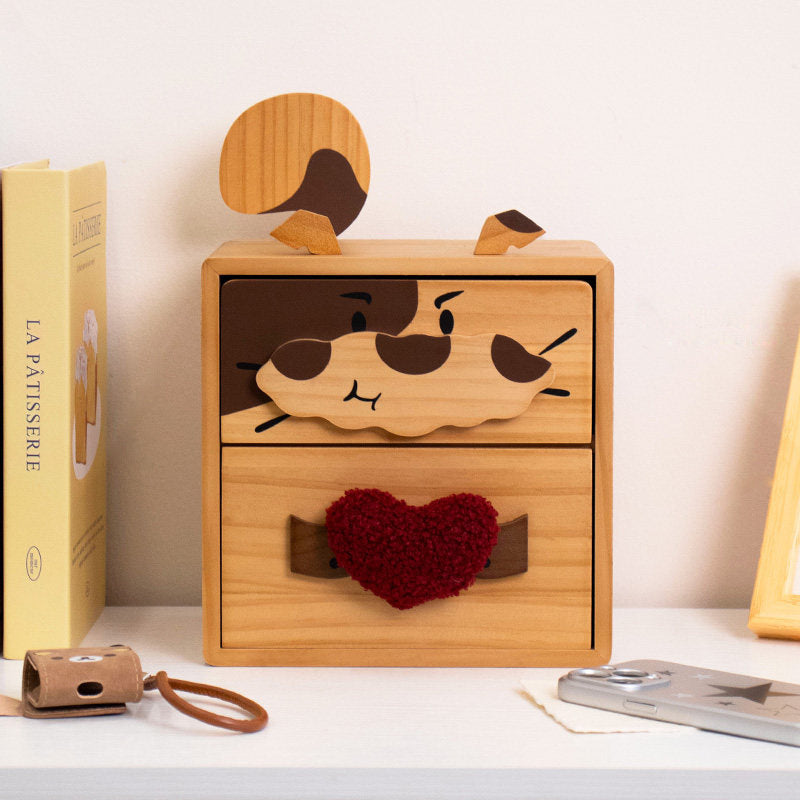 Cute Cat & Dog Wooden Two-Drawer Storage Box - Cartoon Desktop Organizer with Heart Handle