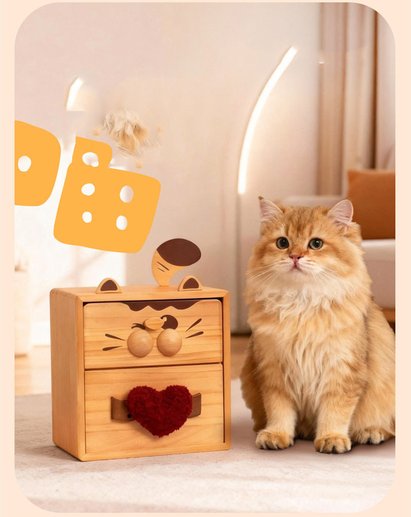 Cute Cat & Dog Wooden Two-Drawer Storage Box - Cartoon Desktop Organizer with Heart Handle