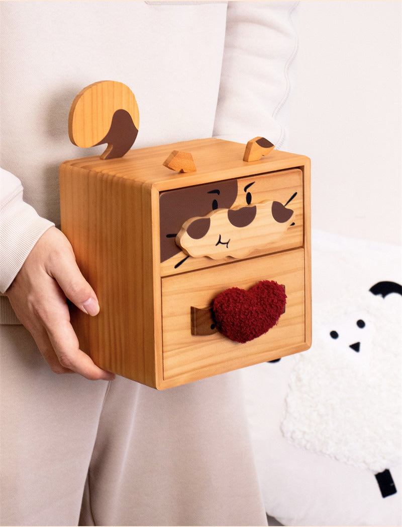 Cute Cat & Dog Wooden Two-Drawer Storage Box - Cartoon Desktop Organizer with Heart Handle