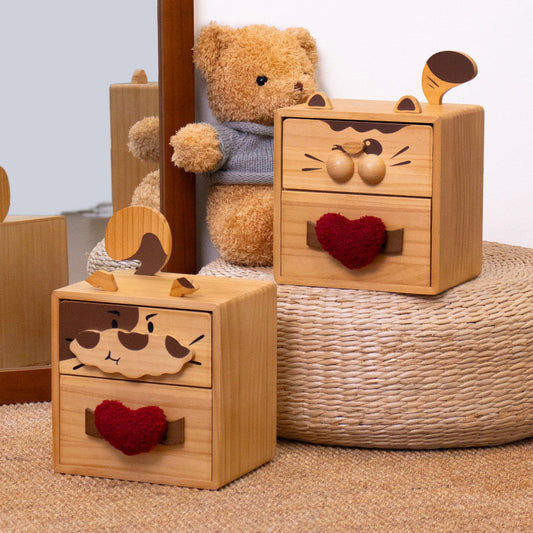 Cute Cat & Dog Wooden Two-Drawer Storage Box - Cartoon Desktop Organizer with Heart Handle