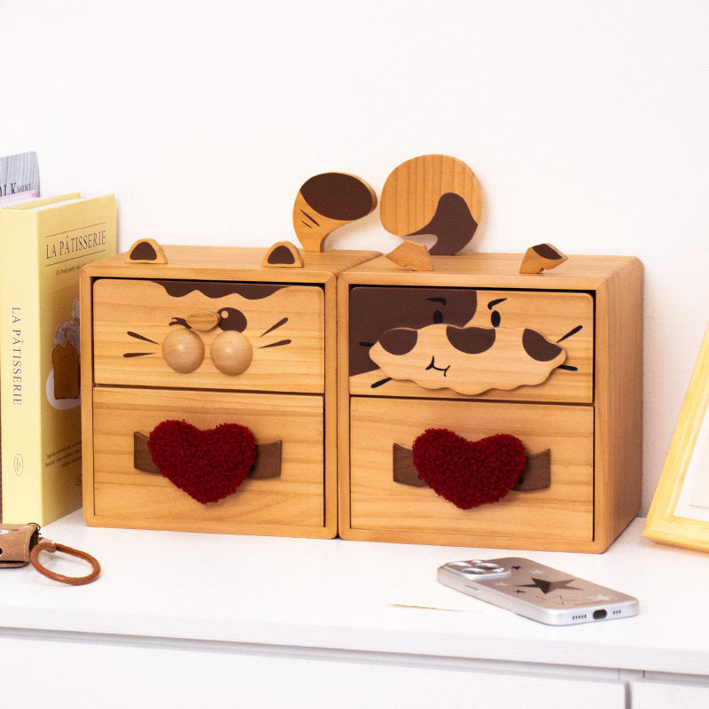 Cute Cat & Dog Wooden Two-Drawer Storage Box - Cartoon Desktop Organizer with Heart Handle