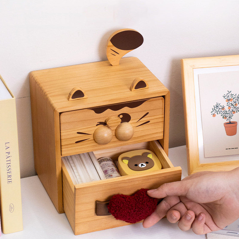 Cute Cat & Dog Wooden Two-Drawer Storage Box - Cartoon Desktop Organizer with Heart Handle