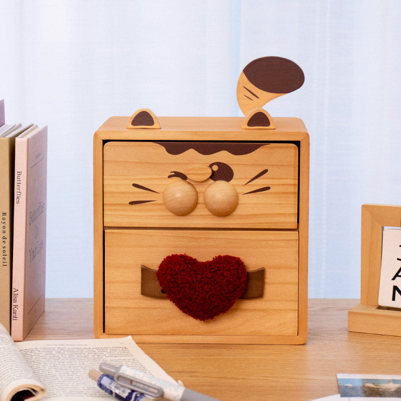 Cute Cat & Dog Wooden Two-Drawer Storage Box - Cartoon Desktop Organizer with Heart Handle