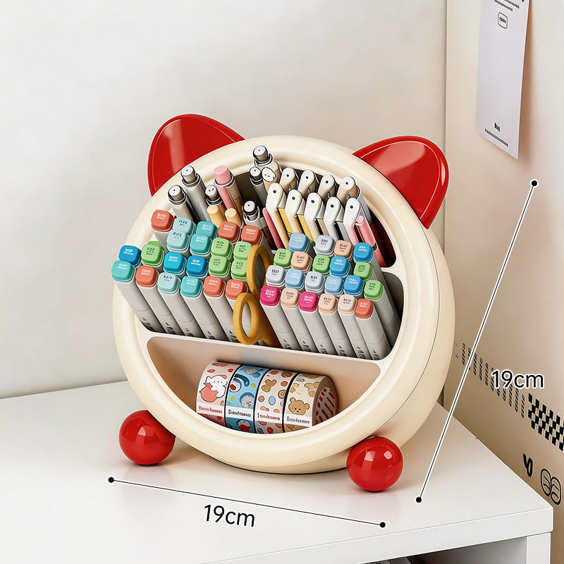 Cute Cat Ear Desk Organizer, Multi-Compartment Pen Holder, Kawaii Makeup Brush Storage Box for Home & Office