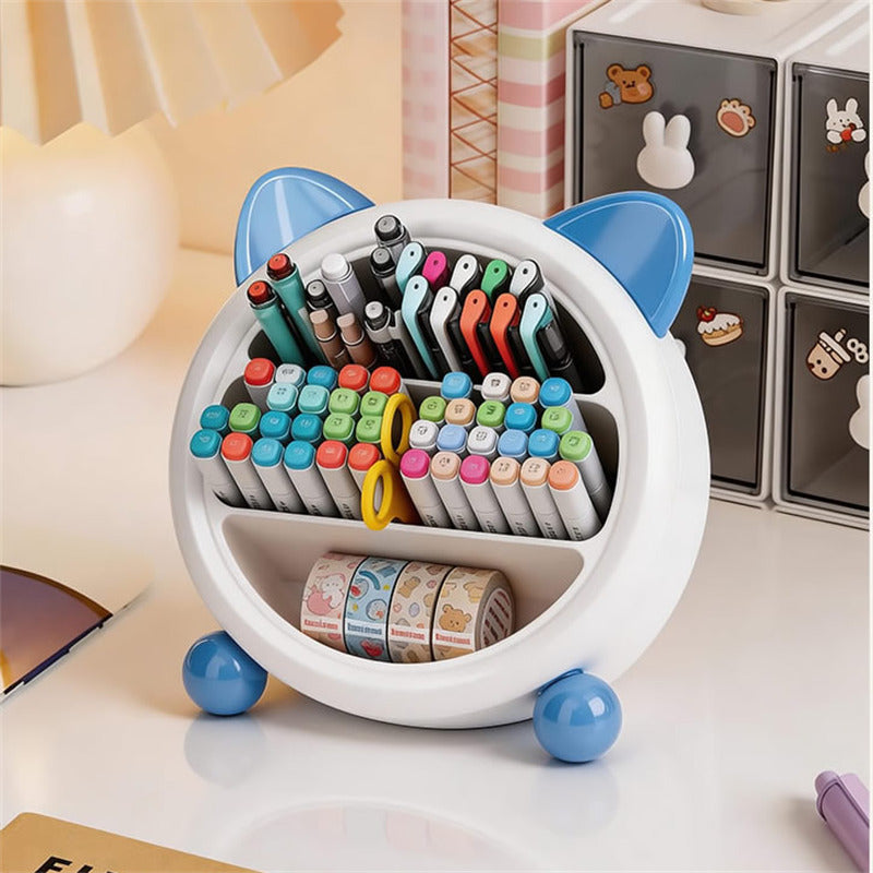 Cute Cat Ear Desk Organizer, Multi-Compartment Pen Holder, Kawaii Makeup Brush Storage Box for Home & Office