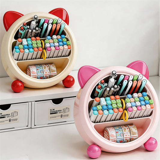 Cute Cat Ear Desk Organizer, Multi-Compartment Pen Holder, Kawaii Makeup Brush Storage Box for Home & Office