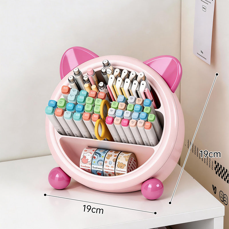 Cute Cat Ear Desk Organizer, Multi-Compartment Pen Holder, Kawaii Makeup Brush Storage Box for Home & Office