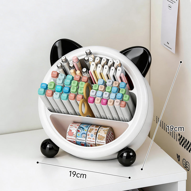 Cute Cat Ear Desk Organizer, Multi-Compartment Pen Holder, Kawaii Makeup Brush Storage Box for Home & Office