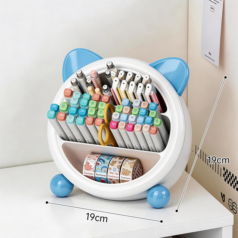 Cute Cat Ear Desk Organizer, Multi-Compartment Pen Holder, Kawaii Makeup Brush Storage Box for Home & Office