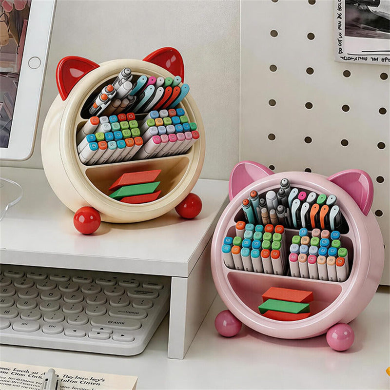 Cute Cat Ear Desk Organizer, Multi-Compartment Pen Holder, Kawaii Makeup Brush Storage Box for Home & Office