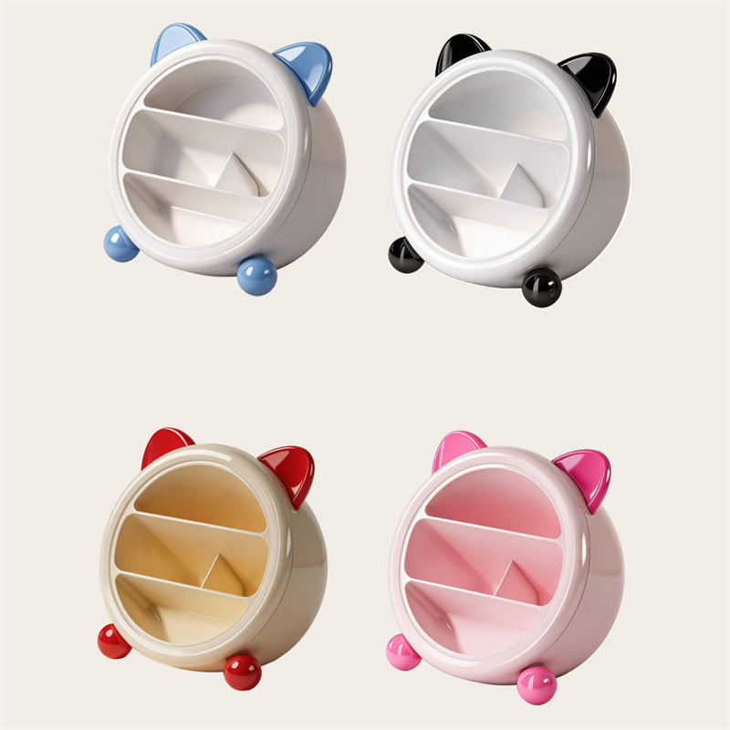 Cute Cat Ear Desk Organizer, Multi-Compartment Pen Holder, Kawaii Makeup Brush Storage Box for Home & Office
