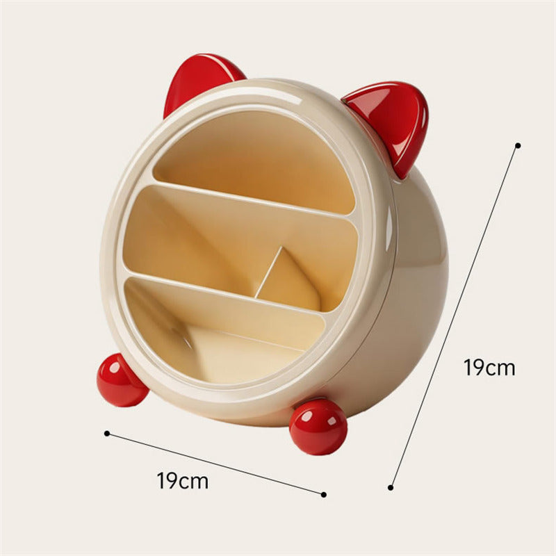 Cute Cat Ear Desk Organizer, Multi-Compartment Pen Holder, Kawaii Makeup Brush Storage Box for Home & Office