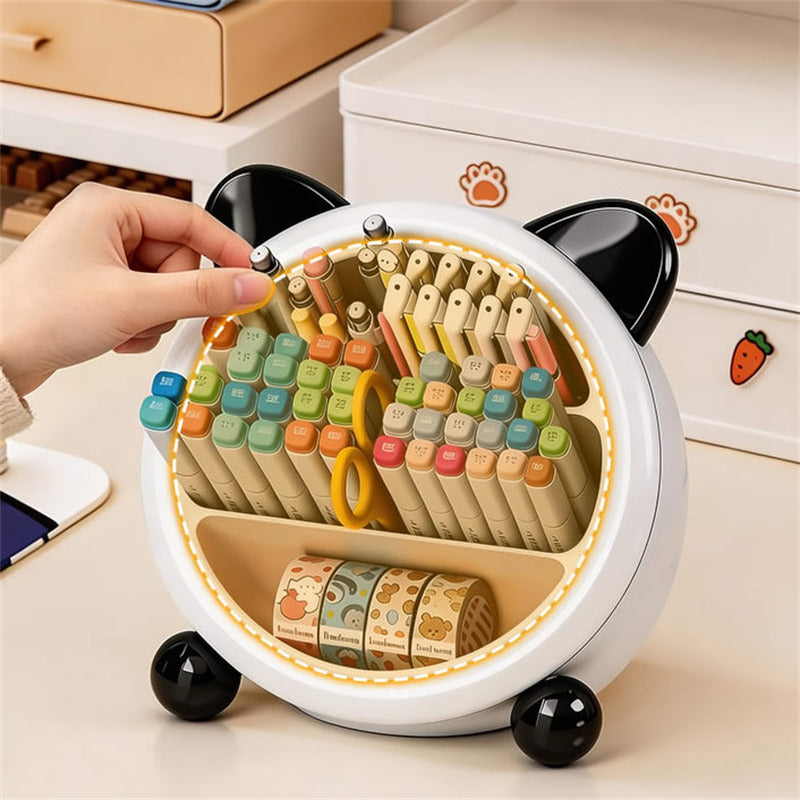 Cute Cat Ear Desk Organizer, Multi-Compartment Pen Holder, Kawaii Makeup Brush Storage Box for Home & Office