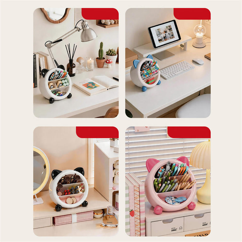 Cute Cat Ear Desk Organizer, Multi-Compartment Pen Holder, Kawaii Makeup Brush Storage Box for Home & Office