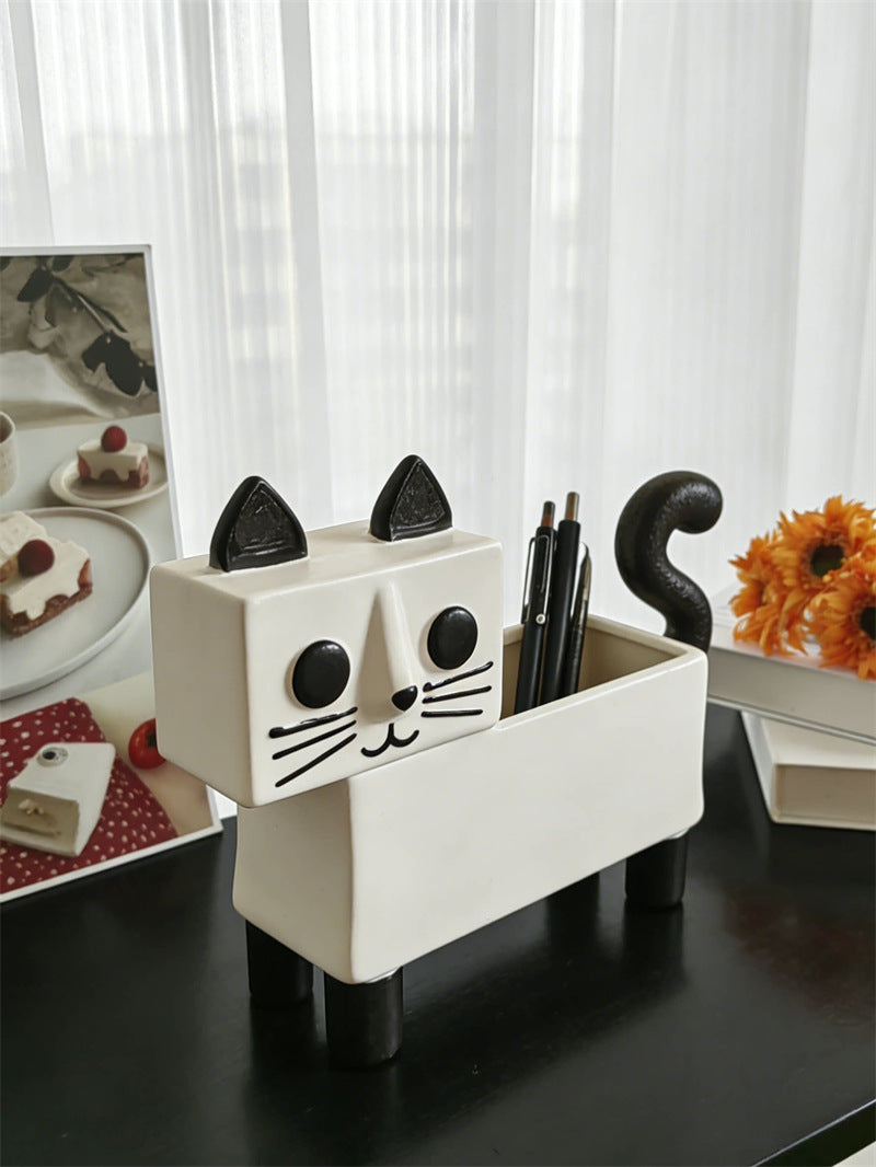 Cute Cat Pen & Makeup Brush Holder ,Ceramic  Desk Organizer for Home Office Decor Gift