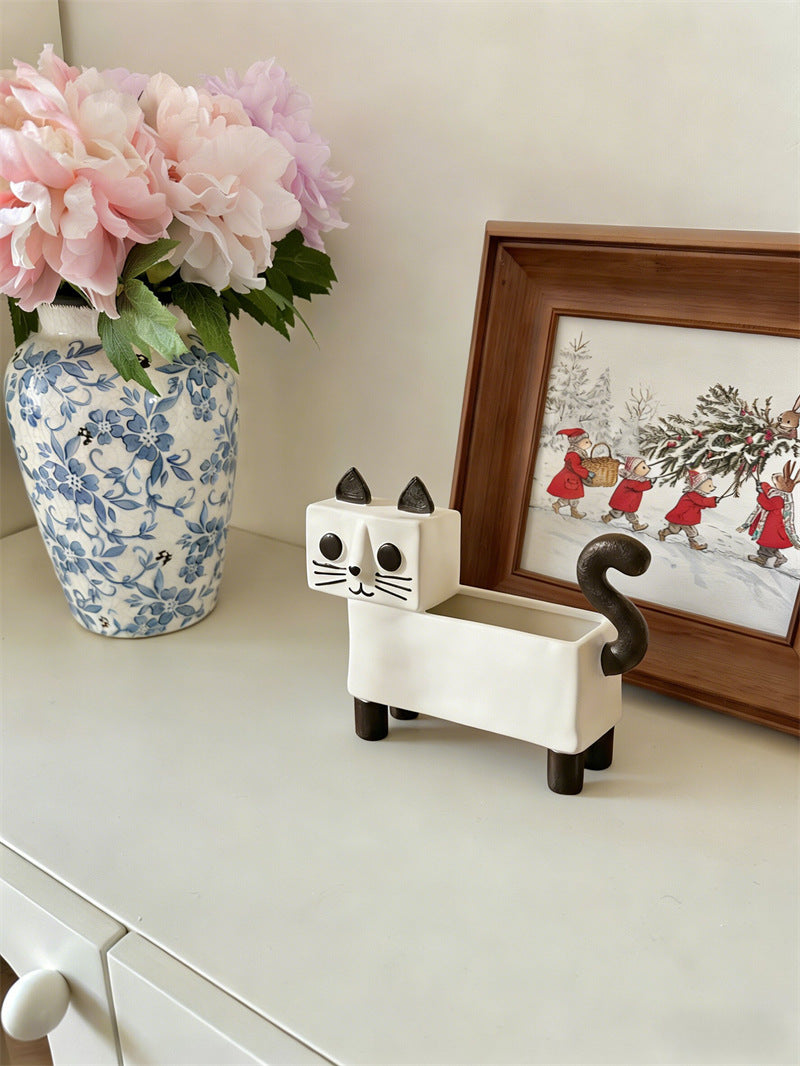 Cute Cat Pen & Makeup Brush Holder ,Ceramic  Desk Organizer for Home Office Decor Gift