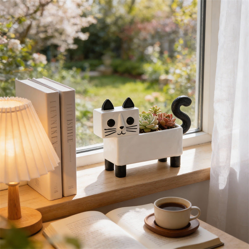 Cute Cat Pen & Makeup Brush Holder ,Ceramic  Desk Organizer for Home Office Decor Gift