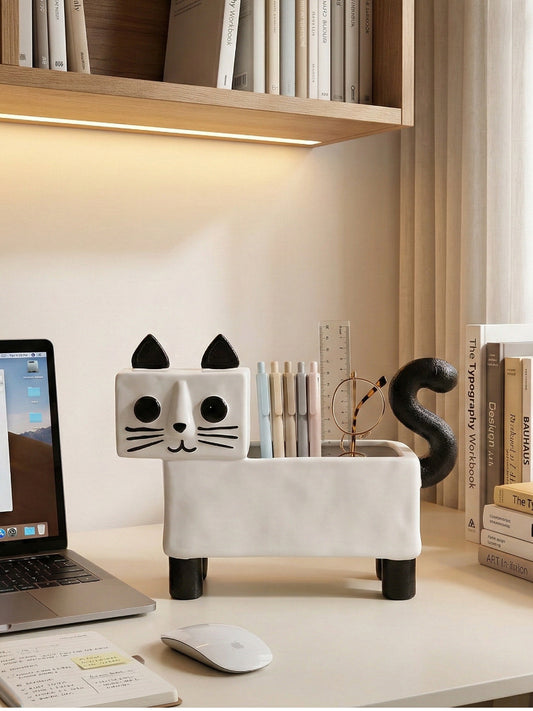 Cute Cat Pen & Makeup Brush Holder ,Ceramic  Desk Organizer for Home Office Decor Gift