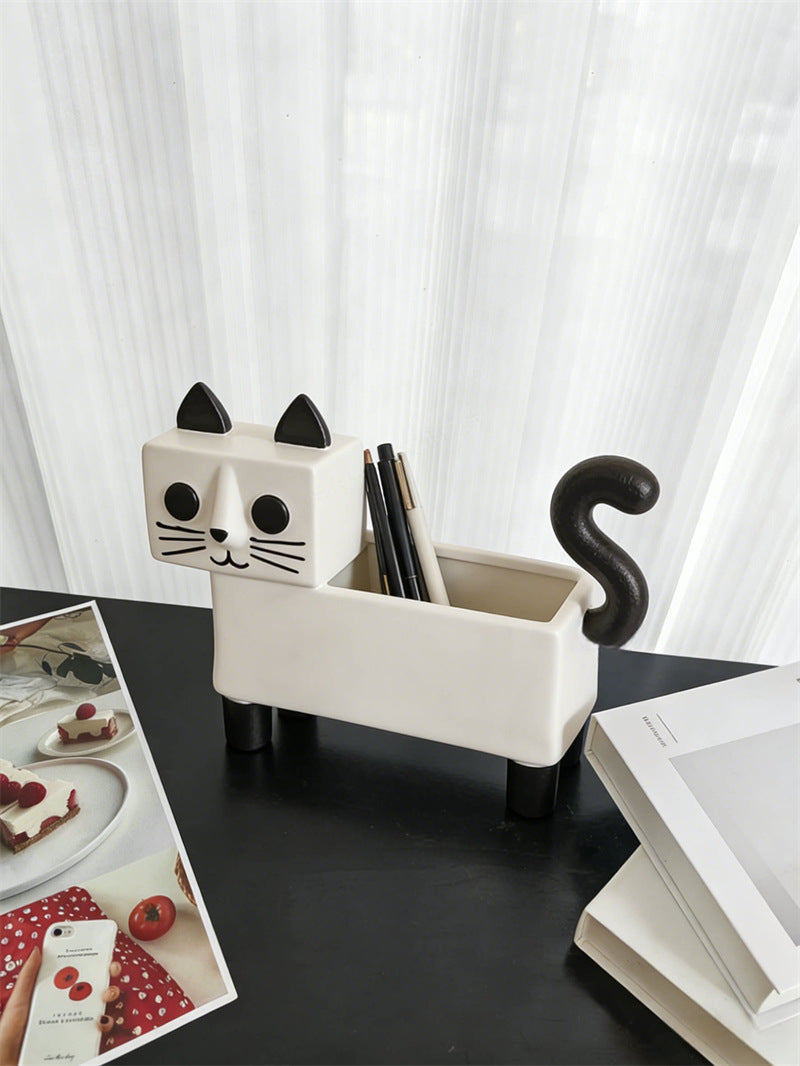 Cute Cat Pen & Makeup Brush Holder ,Ceramic  Desk Organizer for Home Office Decor Gift