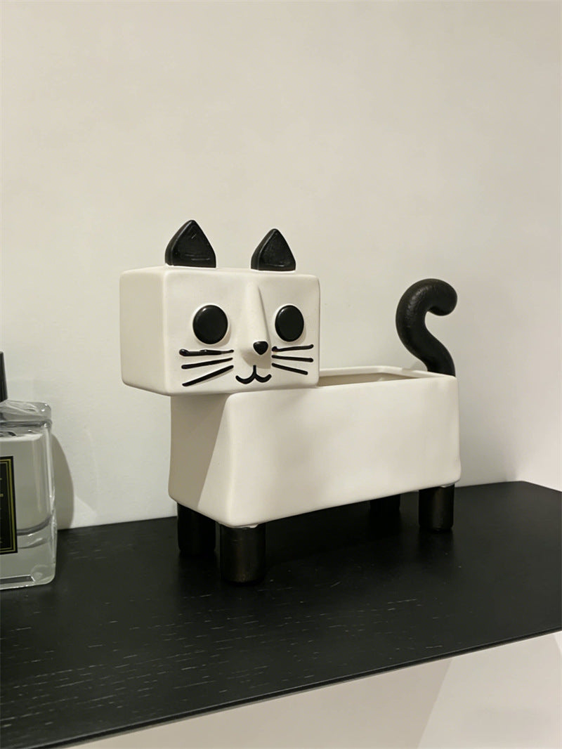 Cute Cat Pen & Makeup Brush Holder ,Ceramic  Desk Organizer for Home Office Decor Gift