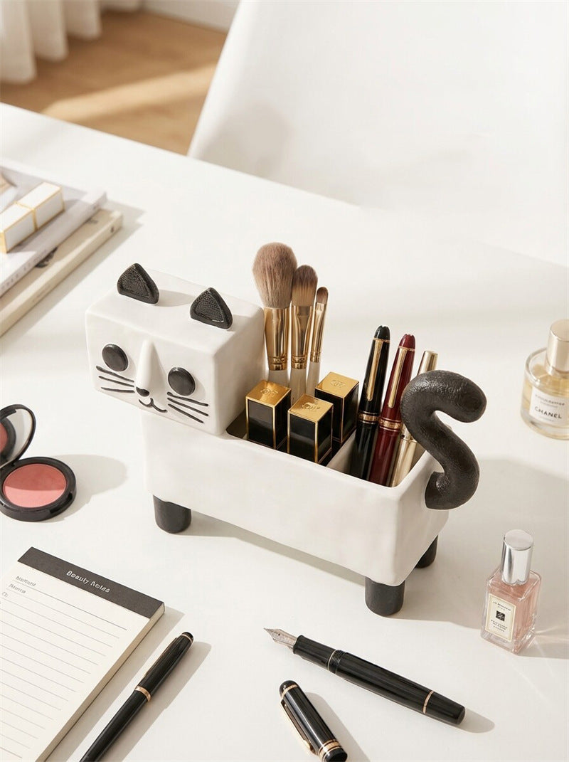 Cute Cat Pen & Makeup Brush Holder ,Ceramic  Desk Organizer for Home Office Decor Gift