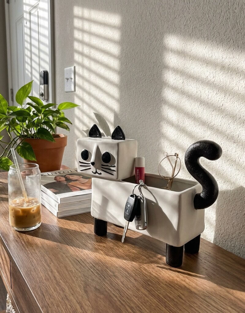 Cute Cat Pen & Makeup Brush Holder ,Ceramic  Desk Organizer for Home Office Decor Gift