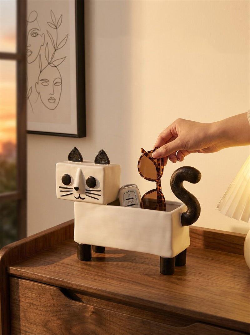 Cute Cat Pen & Makeup Brush Holder ,Ceramic  Desk Organizer for Home Office Decor Gift