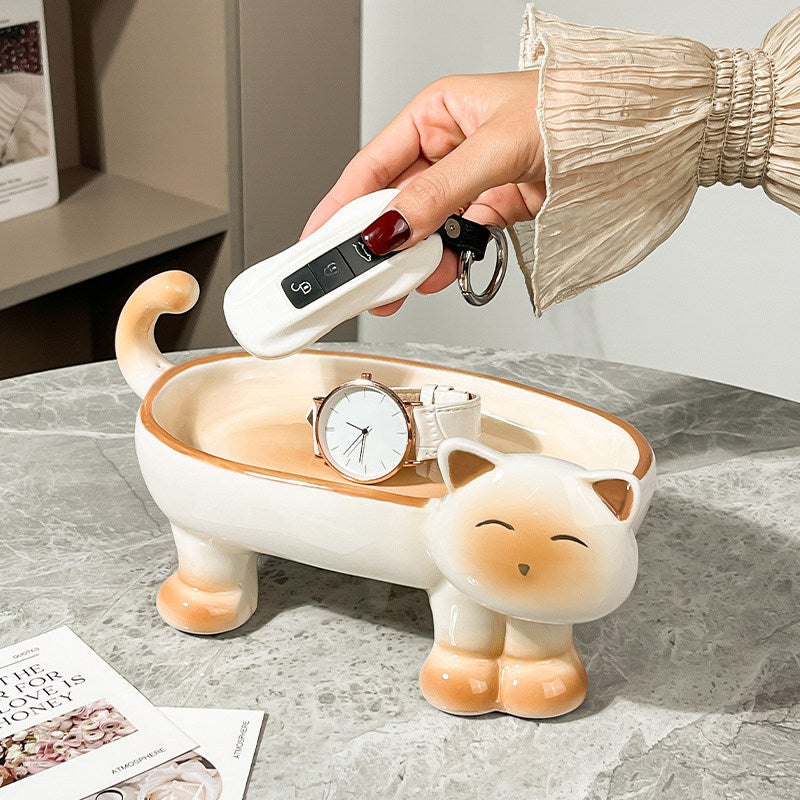 Cute Cat-Shaped Ceramic Storage Bowl - Multi-Purpose Organizer for Keys, Jewelry, Snacks & Home Decor