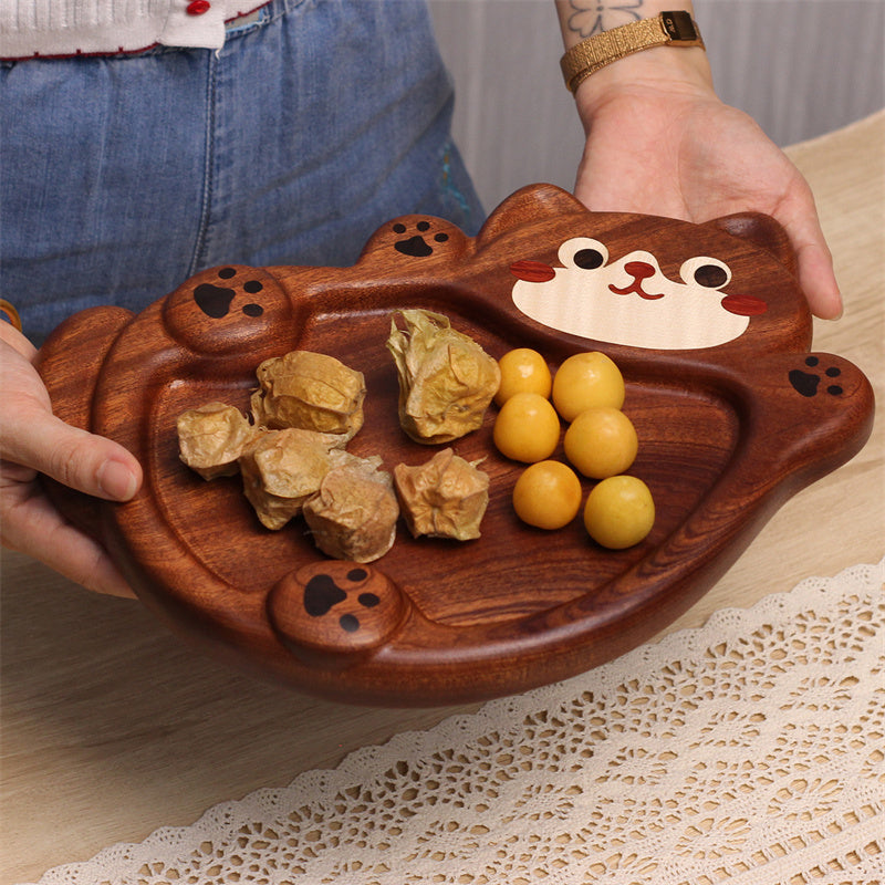 Cute Cat Solid Wood Serving Tray, Hand Carved Inlaid Kitten Paw Print Decorative Wooden Plate, Multi-Purpose Organizer Dish for Fruit Nuts Snack Jewelry Keys Coin