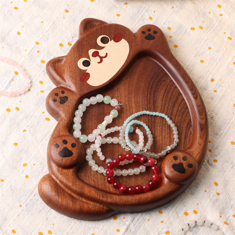 Cute Cat Solid Wood Serving Tray, Hand Carved Inlaid Kitten Paw Print Decorative Wooden Plate, Multi-Purpose Organizer Dish for Fruit Nuts Snack Jewelry Keys Coin