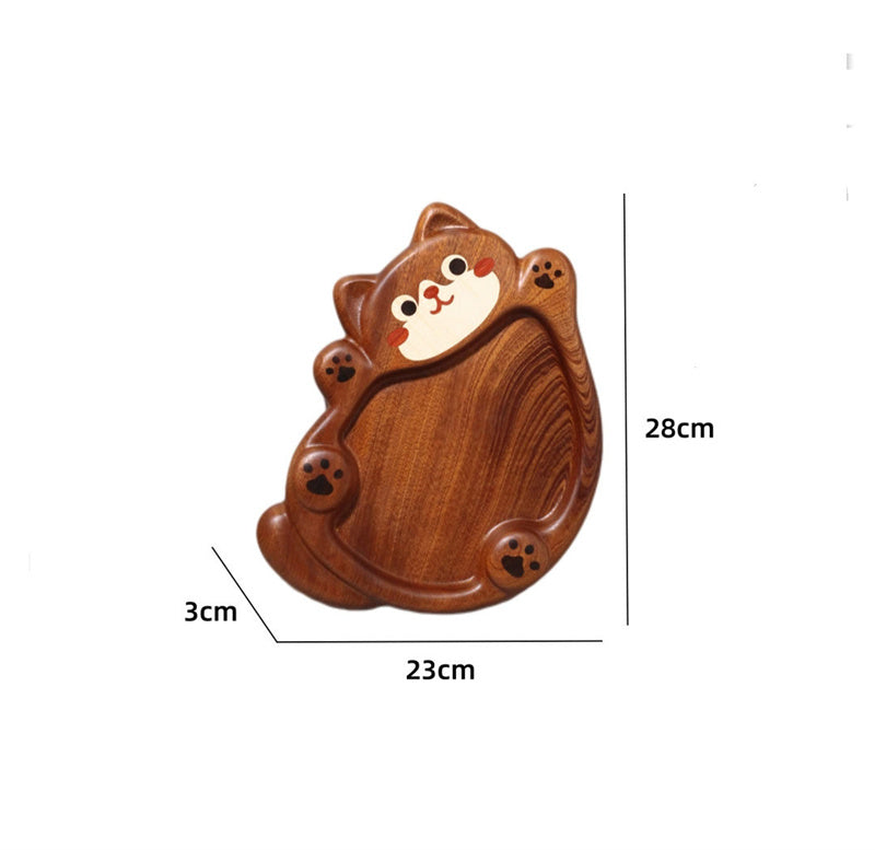 Cute Cat Solid Wood Serving Tray, Hand Carved Inlaid Kitten Paw Print Decorative Wooden Plate, Multi-Purpose Organizer Dish for Fruit Nuts Snack Jewelry Keys Coin