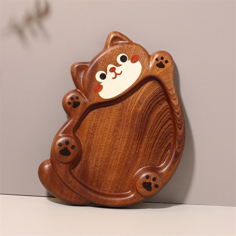 Cute Cat Solid Wood Serving Tray, Hand Carved Inlaid Kitten Paw Print Decorative Wooden Plate, Multi-Purpose Organizer Dish for Fruit Nuts Snack Jewelry Keys Coin