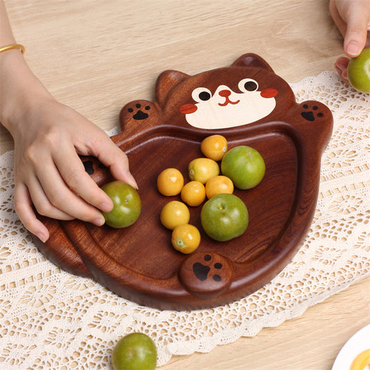 Cute Cat Solid Wood Serving Tray, Hand Carved Inlaid Kitten Paw Print Decorative Wooden Plate, Multi-Purpose Organizer Dish for Fruit Nuts Snack Jewelry Keys Coin