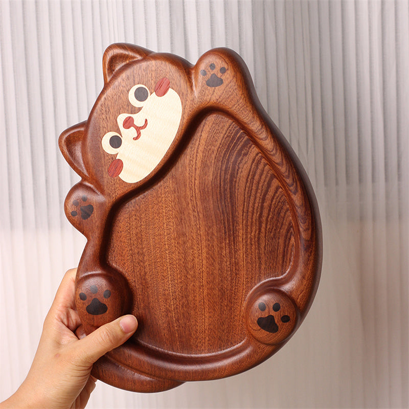 Cute Cat Solid Wood Serving Tray, Hand Carved Inlaid Kitten Paw Print Decorative Wooden Plate, Multi-Purpose Organizer Dish for Fruit Nuts Snack Jewelry Keys Coin